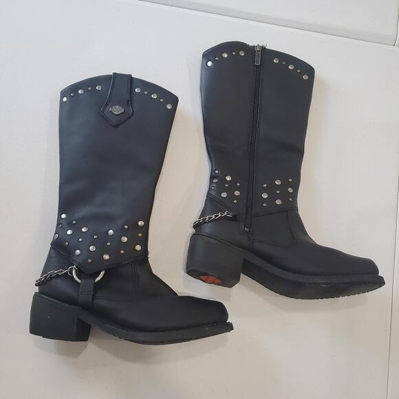 Harley-Davidson Boots Womens Size 7.5 Black Studded Harness Chain Biker D83770 - Picture 1 of 12